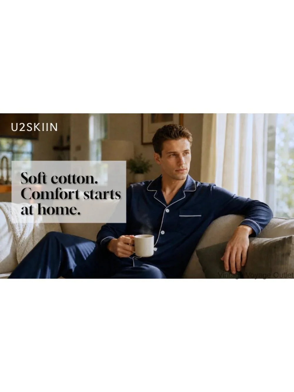 100% Cotton Pajama Set, Button Down Sleepwear Lounge Pjs for Men